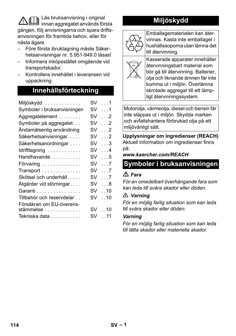 Svenska, Innehållsförteckning, Miljöskydd | Symboler i bruksanvisningen | Karcher HDS 801 D User Manual | Page 114 / 324
