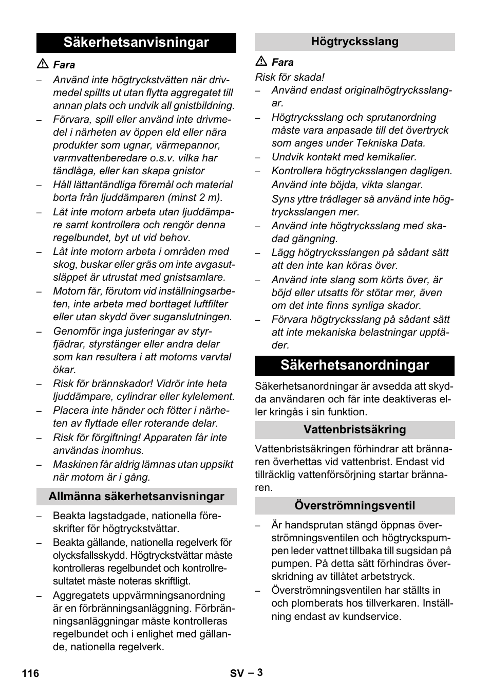 Säkerhetsanvisningar, Allmänna säkerhetsanvisningar, Högtrycksslang | Säkerhetsanordningar, Vattenbristsäkring, Överströmningsventil | Karcher HDS 801 D User Manual | Page 116 / 324