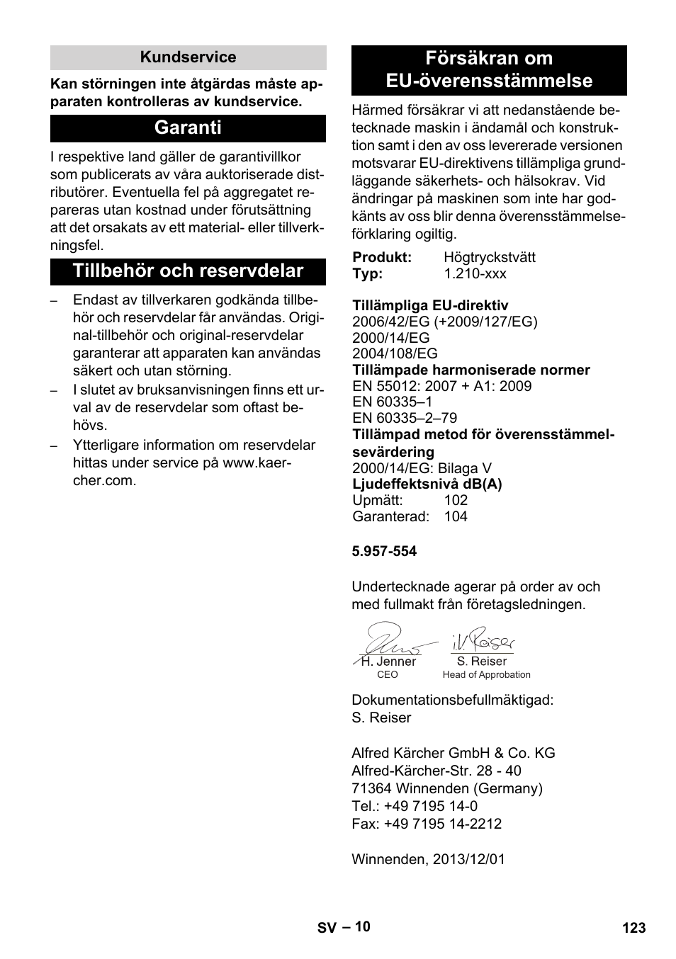 Kundservice, Garanti, Tillbehör och reservdelar | Försäkran om eu-överensstämmelse | Karcher HDS 801 D User Manual | Page 123 / 324