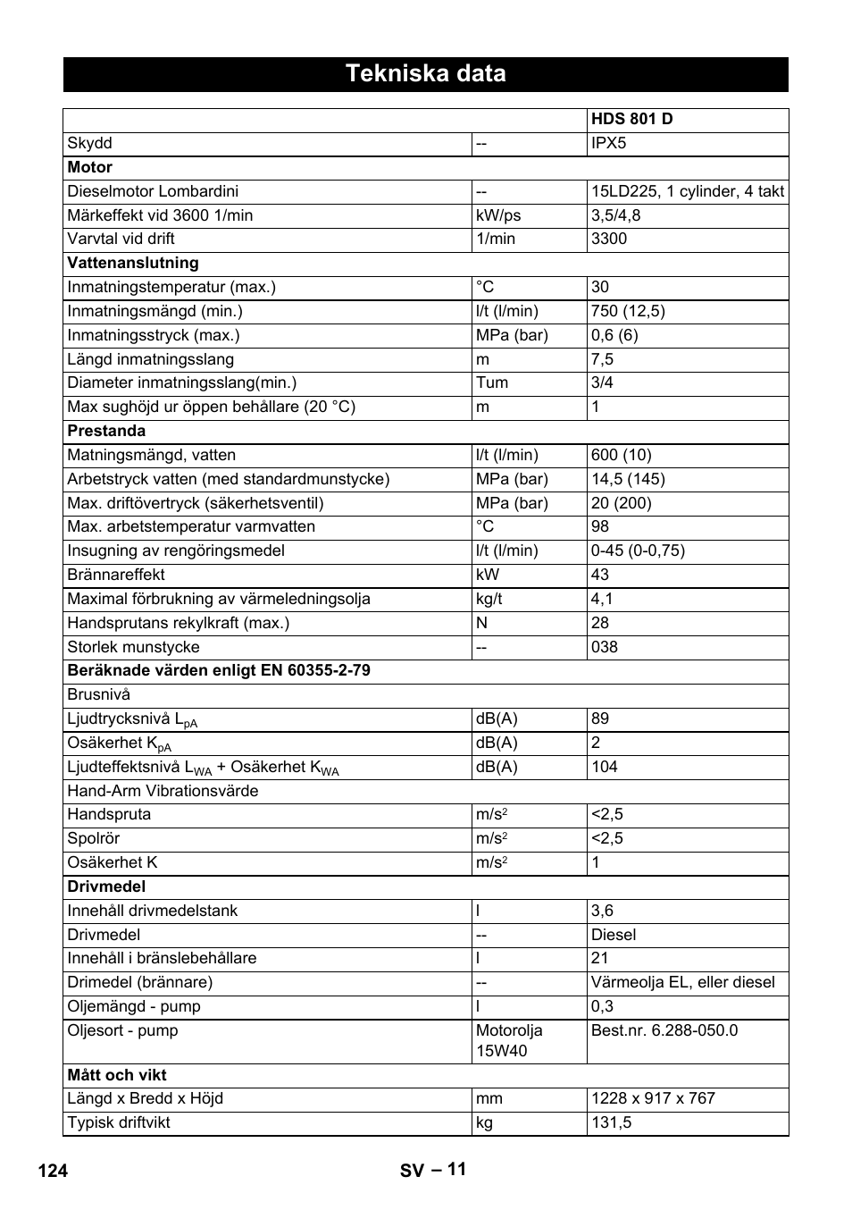 Tekniska data | Karcher HDS 801 D User Manual | Page 124 / 324