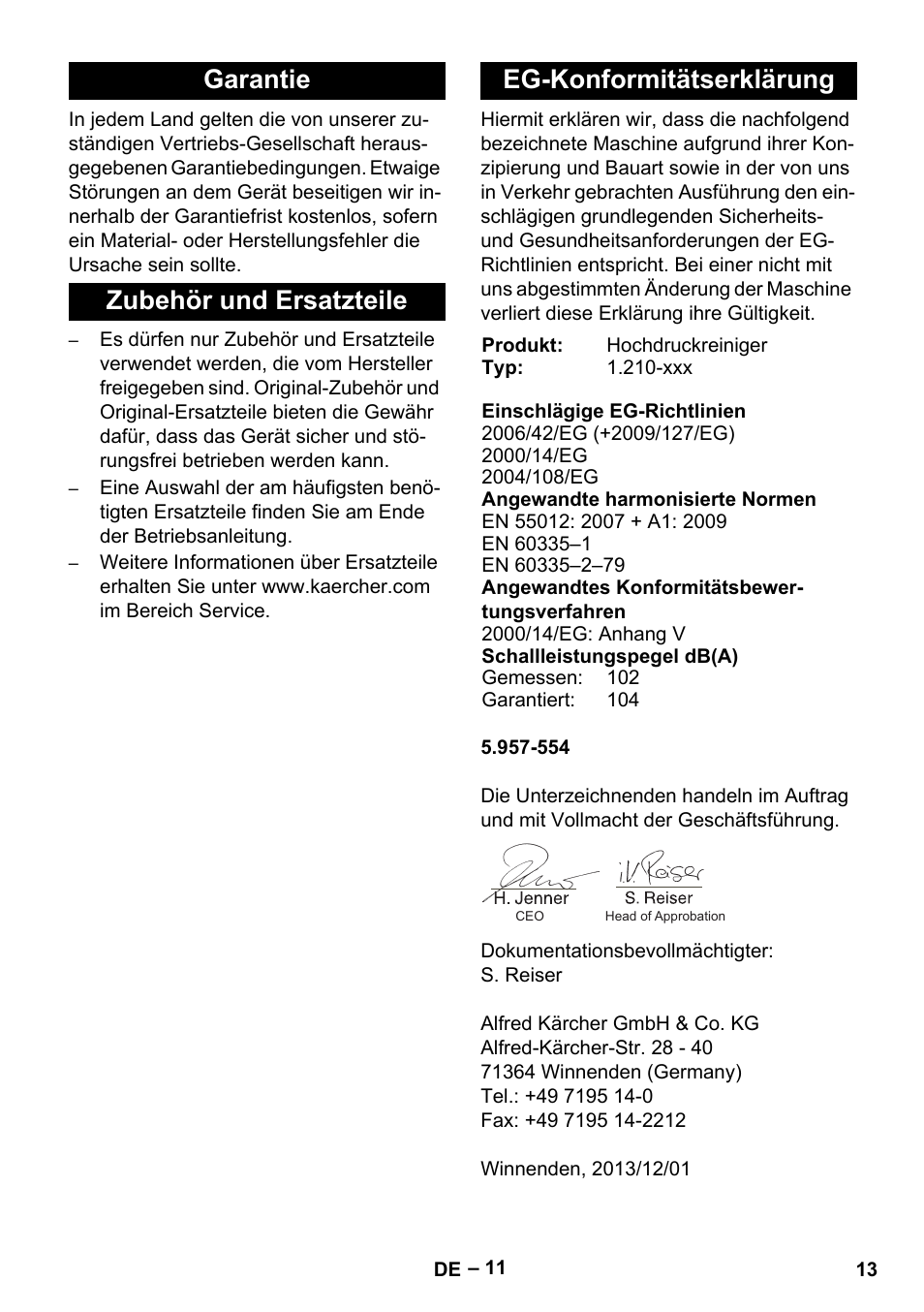 Garantie, Zubehör und ersatzteile, Eg-konformitätserklärung | Karcher HDS 801 D User Manual | Page 13 / 324