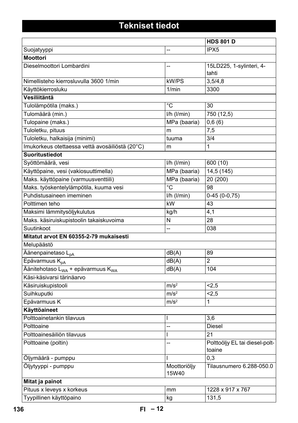 Tekniset tiedot | Karcher HDS 801 D User Manual | Page 136 / 324