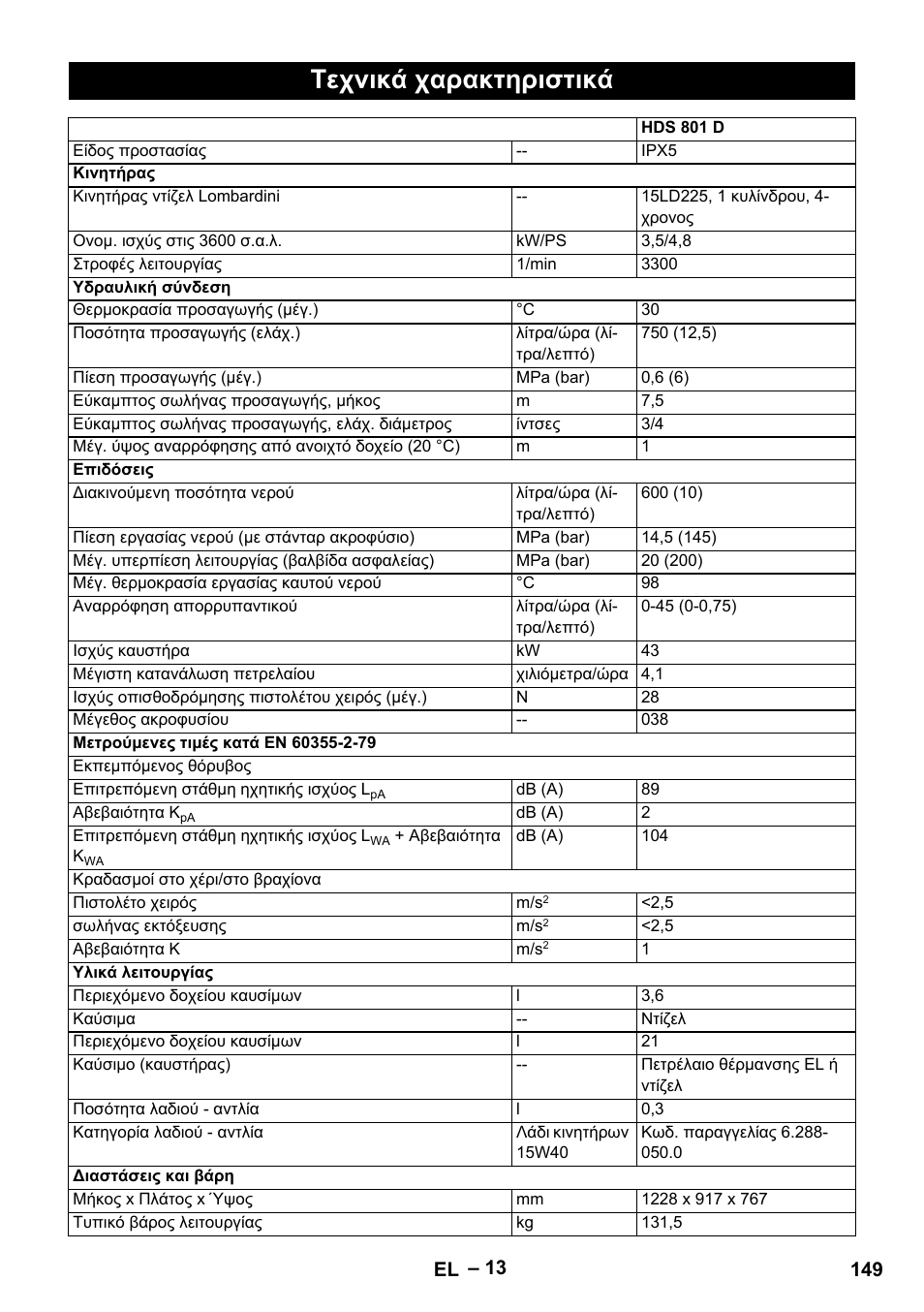 Τεχνικά χαρακτηριστικά | Karcher HDS 801 D User Manual | Page 149 / 324