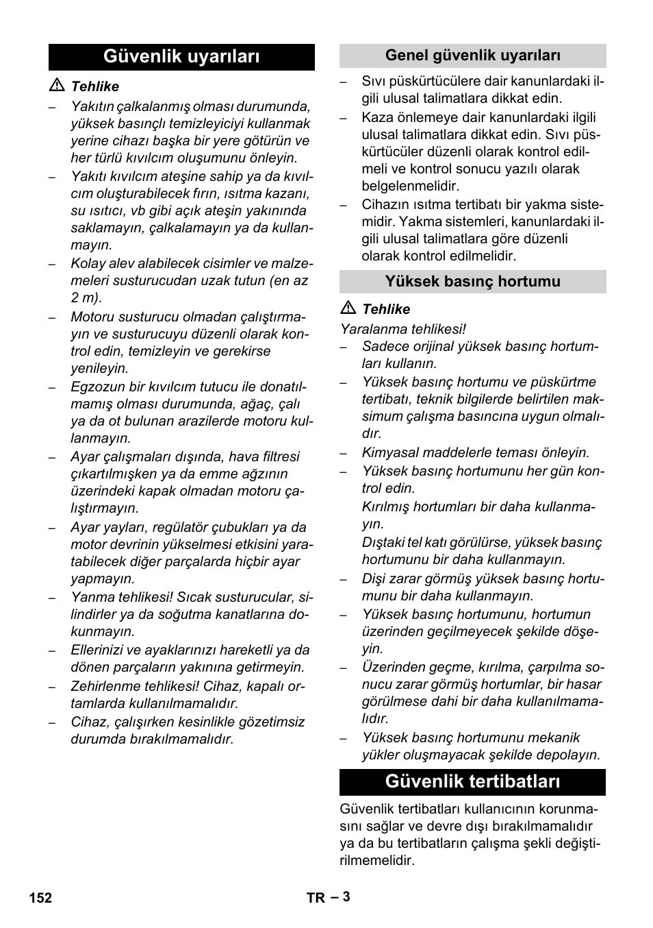 Güvenlik uyarıları, Genel güvenlik uyarıları, Yüksek basınç hortumu | Güvenlik tertibatları | Karcher HDS 801 D User Manual | Page 152 / 324