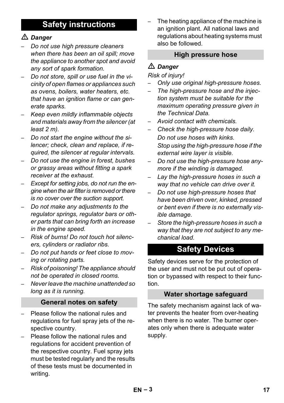 Safety instructions, General notes on safety, High pressure hose | Safety devices, Water shortage safeguard | Karcher HDS 801 D User Manual | Page 17 / 324