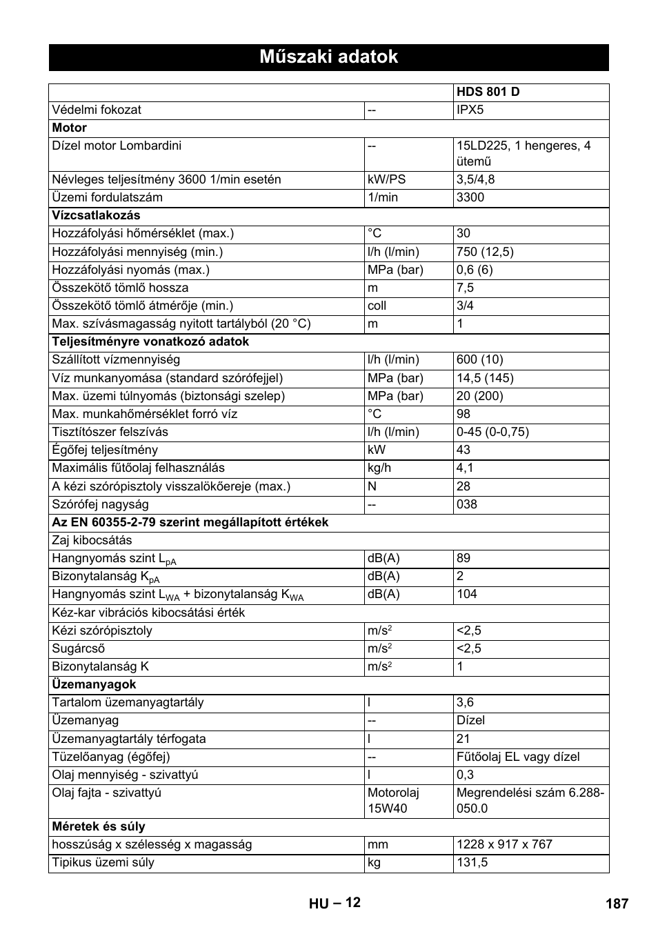 Műszaki adatok | Karcher HDS 801 D User Manual | Page 187 / 324