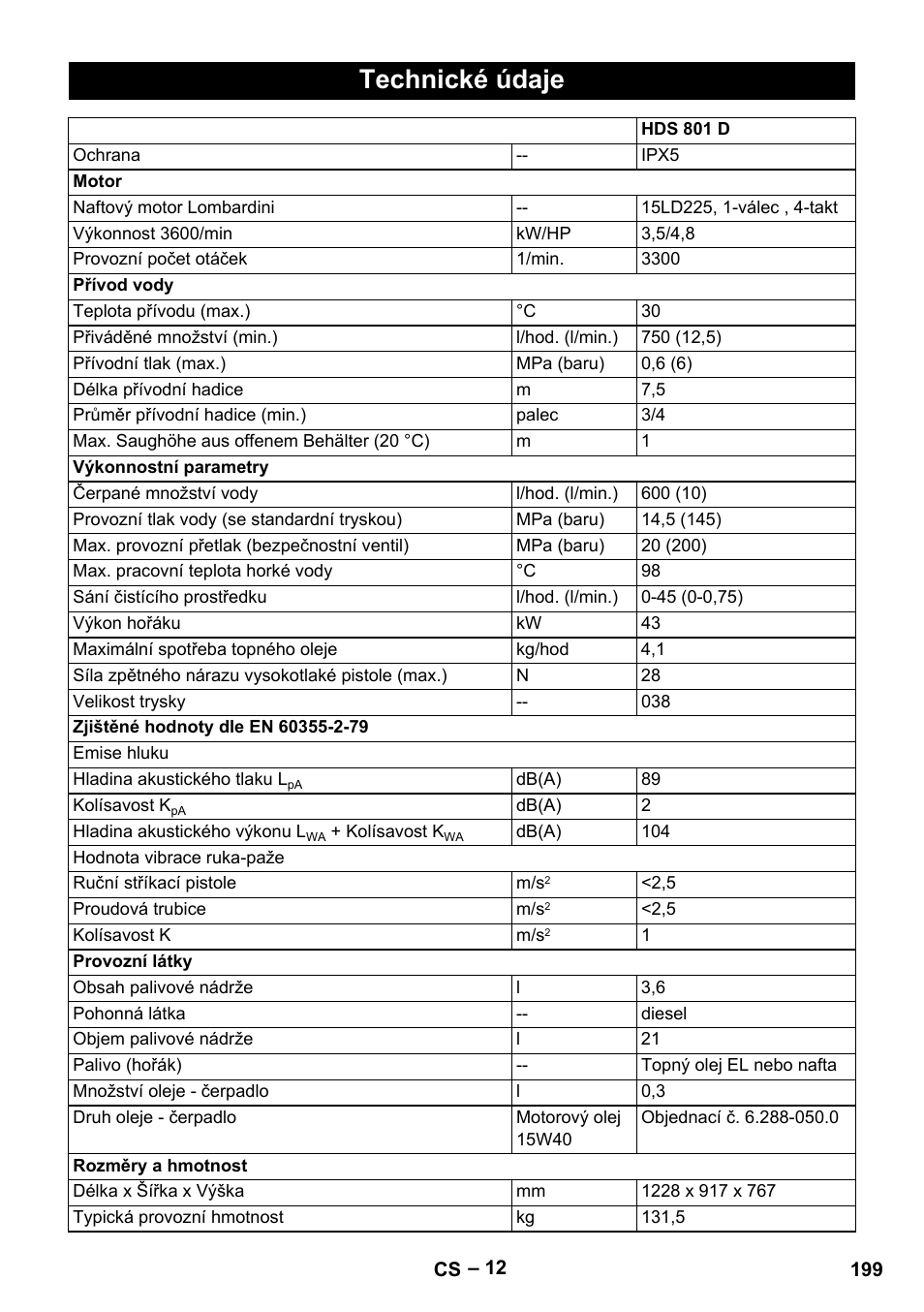 Technické údaje | Karcher HDS 801 D User Manual | Page 199 / 324