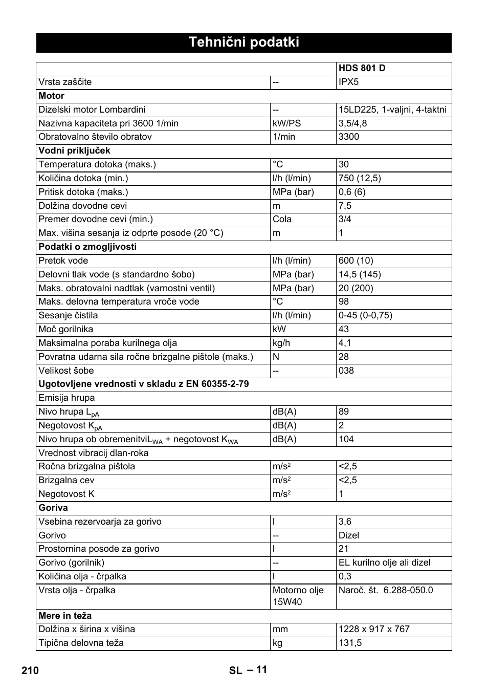 Tehnični podatki | Karcher HDS 801 D User Manual | Page 210 / 324