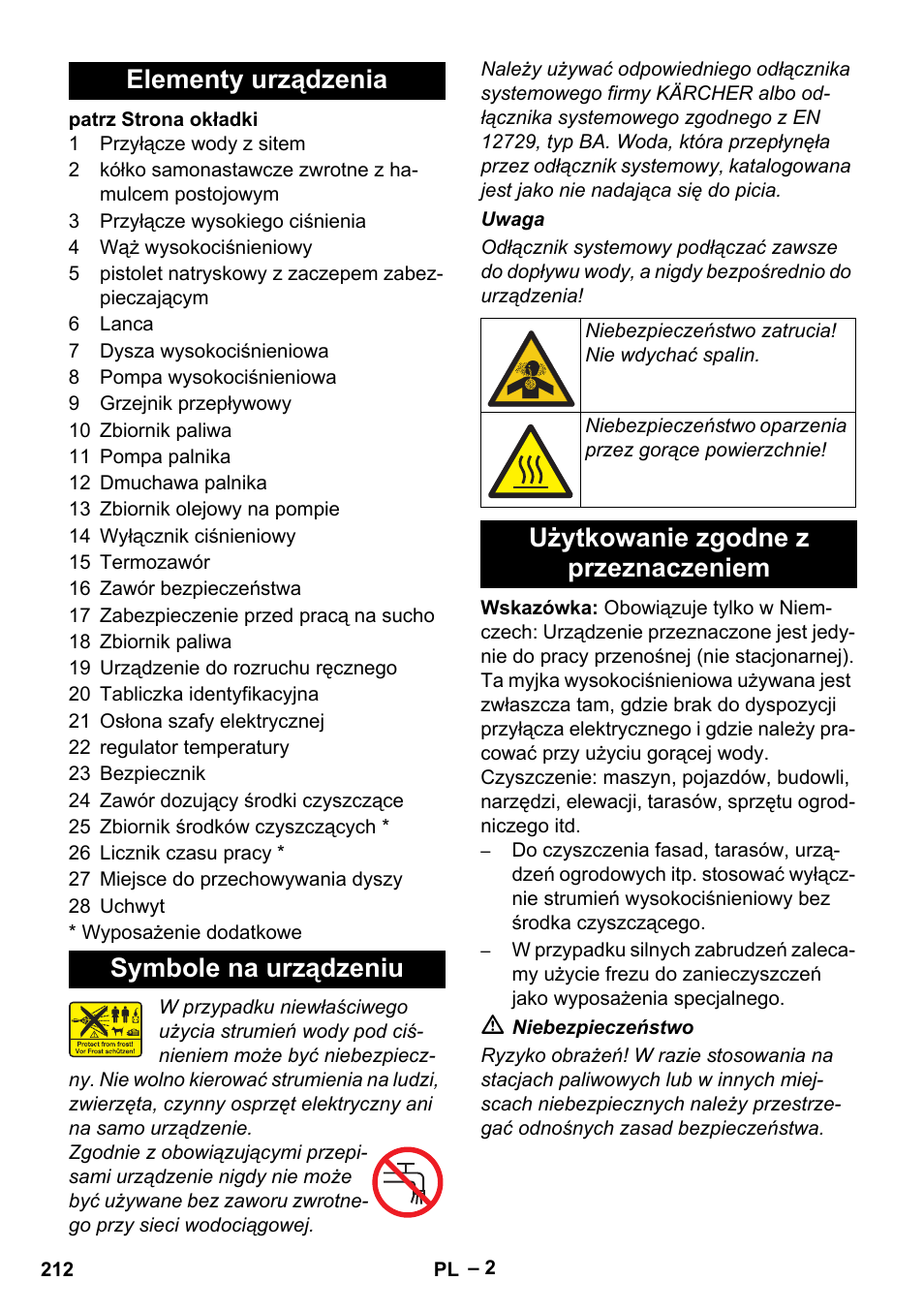 Elementy urządzenia, Symbole na urządzeniu, Użytkowanie zgodne z przeznaczeniem | Elementy urządzenia symbole na urządzeniu | Karcher HDS 801 D User Manual | Page 212 / 324