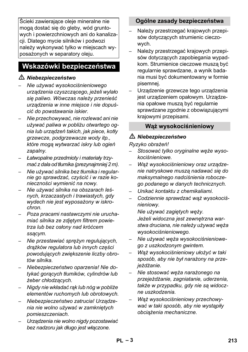 Wskazówki bezpieczeństwa, Ogólne zasady bezpieczeństwa, Wąż wysokociśnieniowy | Karcher HDS 801 D User Manual | Page 213 / 324