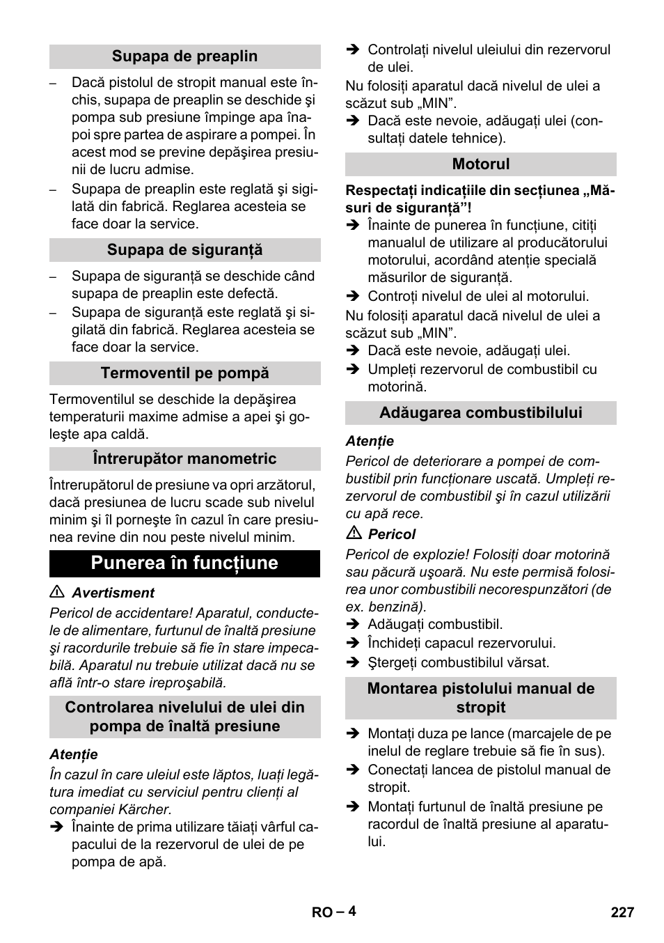 Supapa de preaplin, Supapa de siguranţă, Termoventil pe pompă | Întrerupător manometric, Punerea în funcţiune, Motorul, Adăugarea combustibilului, Montarea pistolului manual de stropit | Karcher HDS 801 D User Manual | Page 227 / 324