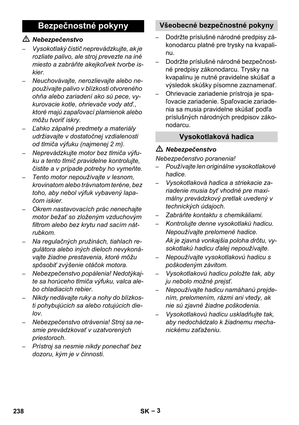 Bezpečnostné pokyny, Všeobecné bezpečnostné pokyny, Vysokotlaková hadica | Karcher HDS 801 D User Manual | Page 238 / 324