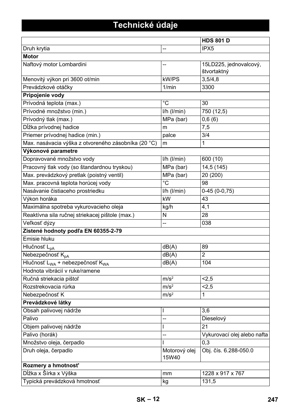 Technické údaje | Karcher HDS 801 D User Manual | Page 247 / 324