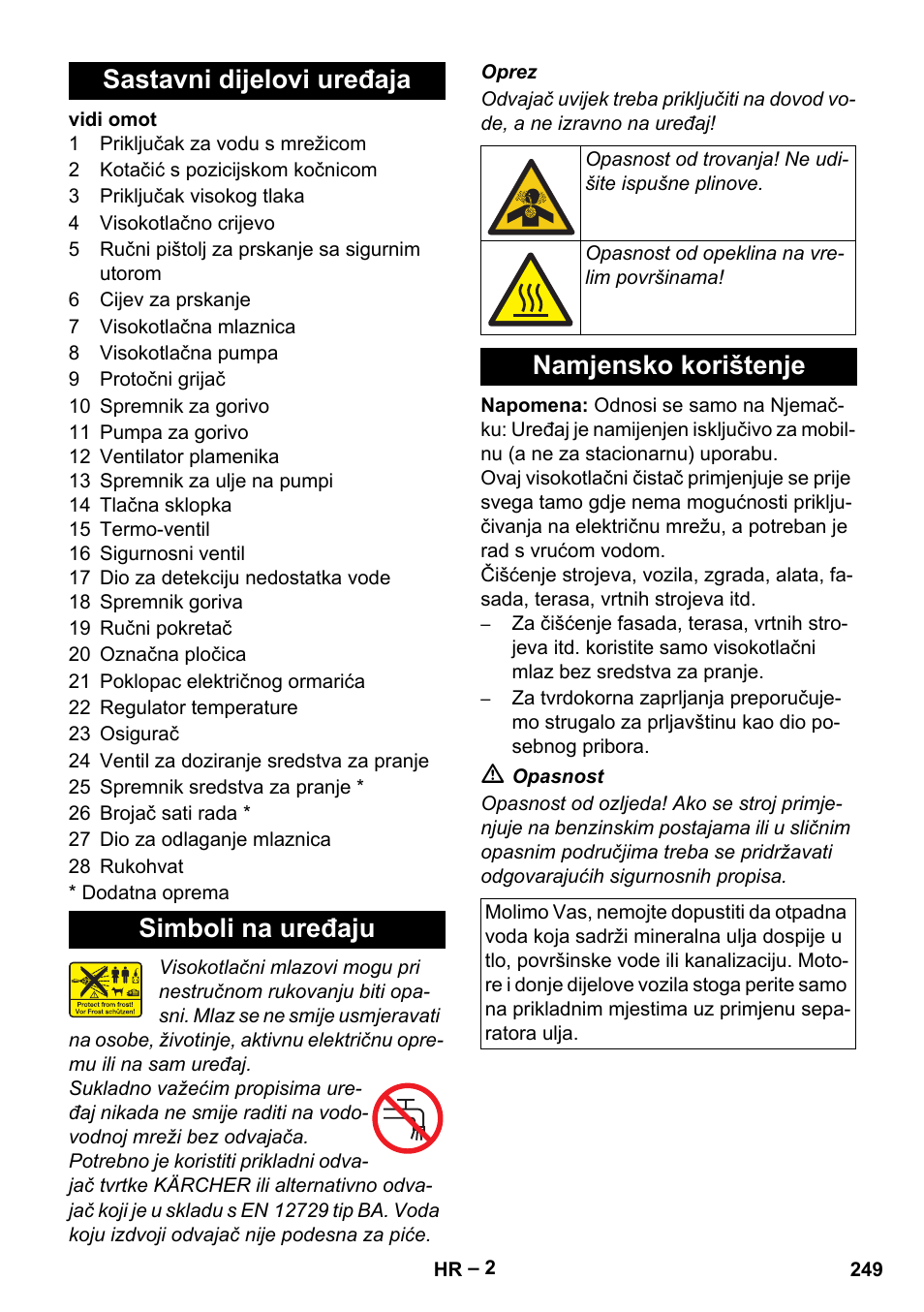 Sastavni dijelovi uređaja, Simboli na uređaju, Namjensko korištenje | Sastavni dijelovi uređaja simboli na uređaju | Karcher HDS 801 D User Manual | Page 249 / 324