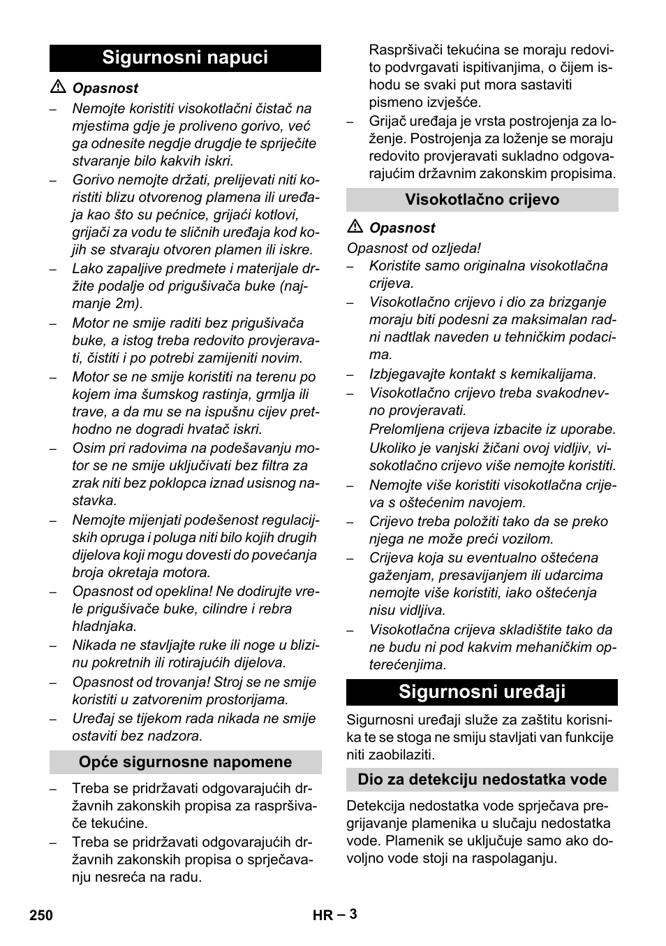 Sigurnosni napuci, Opće sigurnosne napomene, Visokotlačno crijevo | Sigurnosni uređaji, Dio za detekciju nedostatka vode | Karcher HDS 801 D User Manual | Page 250 / 324