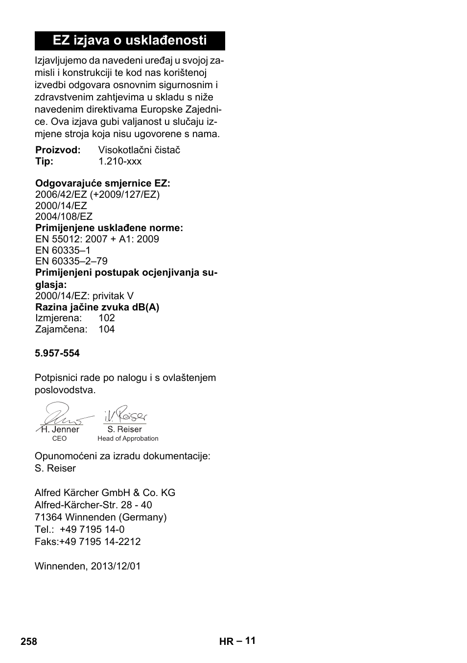Ez izjava o usklađenosti | Karcher HDS 801 D User Manual | Page 258 / 324