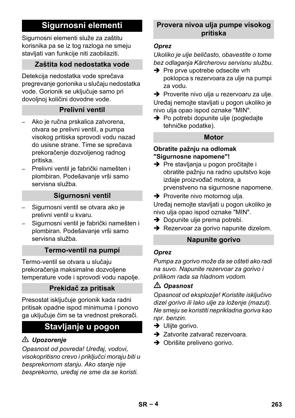 Sigurnosni elementi, Zaštita kod nedostatka vode, Prelivni ventil | Sigurnosni ventil, Termo-ventil na pumpi, Prekidač za pritisak, Stavljanje u pogon, Provera nivoa ulja pumpe visokog pritiska, Motor, Napunite gorivo | Karcher HDS 801 D User Manual | Page 263 / 324