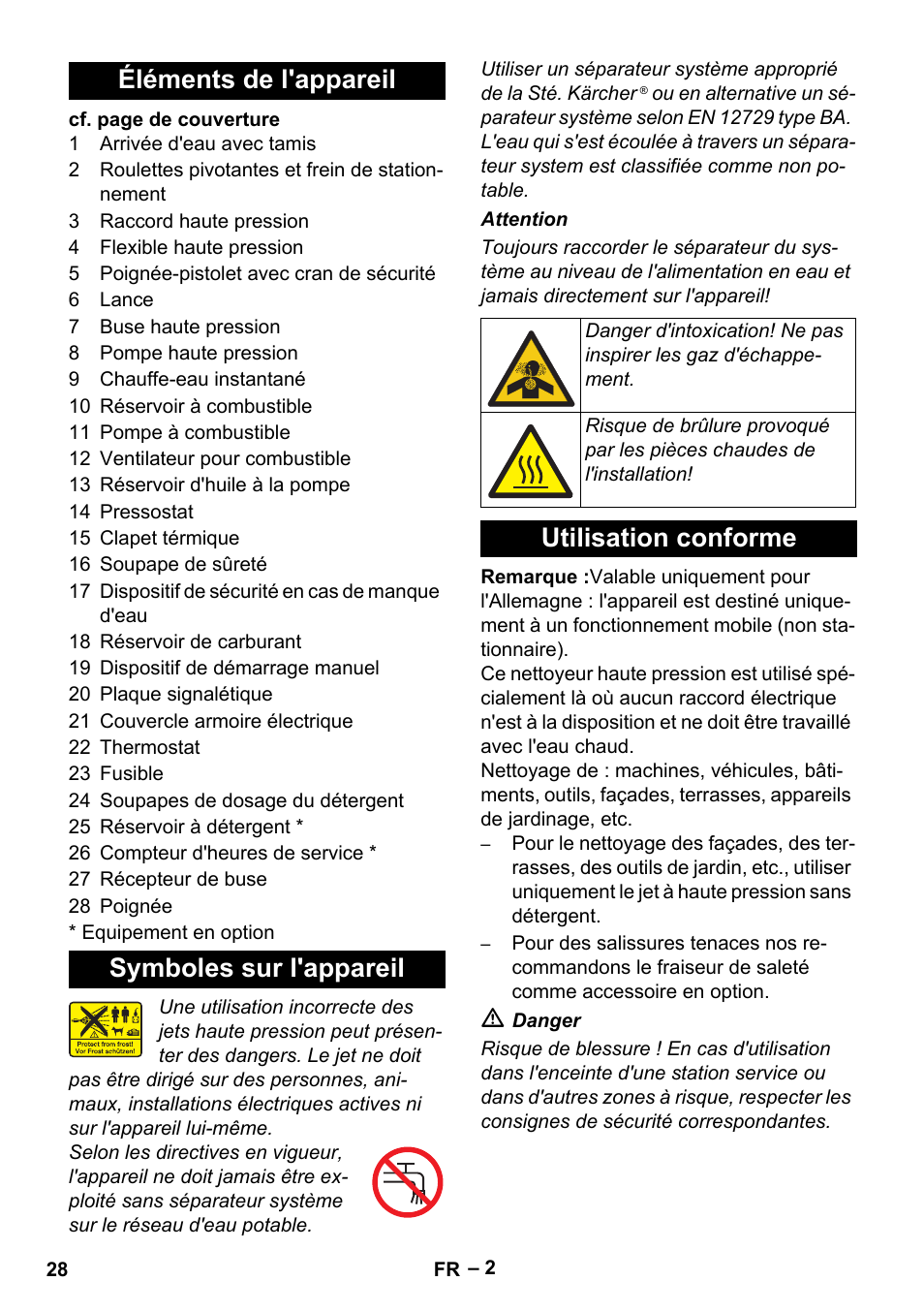 Éléments de l'appareil, Symboles sur l'appareil, Utilisation conforme | Éléments de l'appareil symboles sur l'appareil | Karcher HDS 801 D User Manual | Page 28 / 324