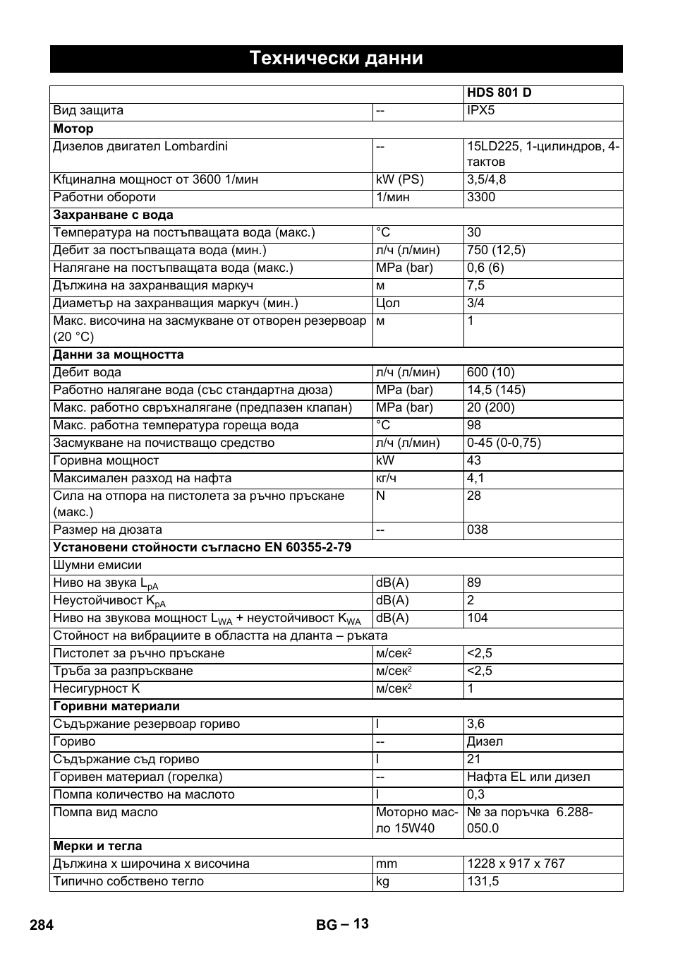 Технически данни | Karcher HDS 801 D User Manual | Page 284 / 324