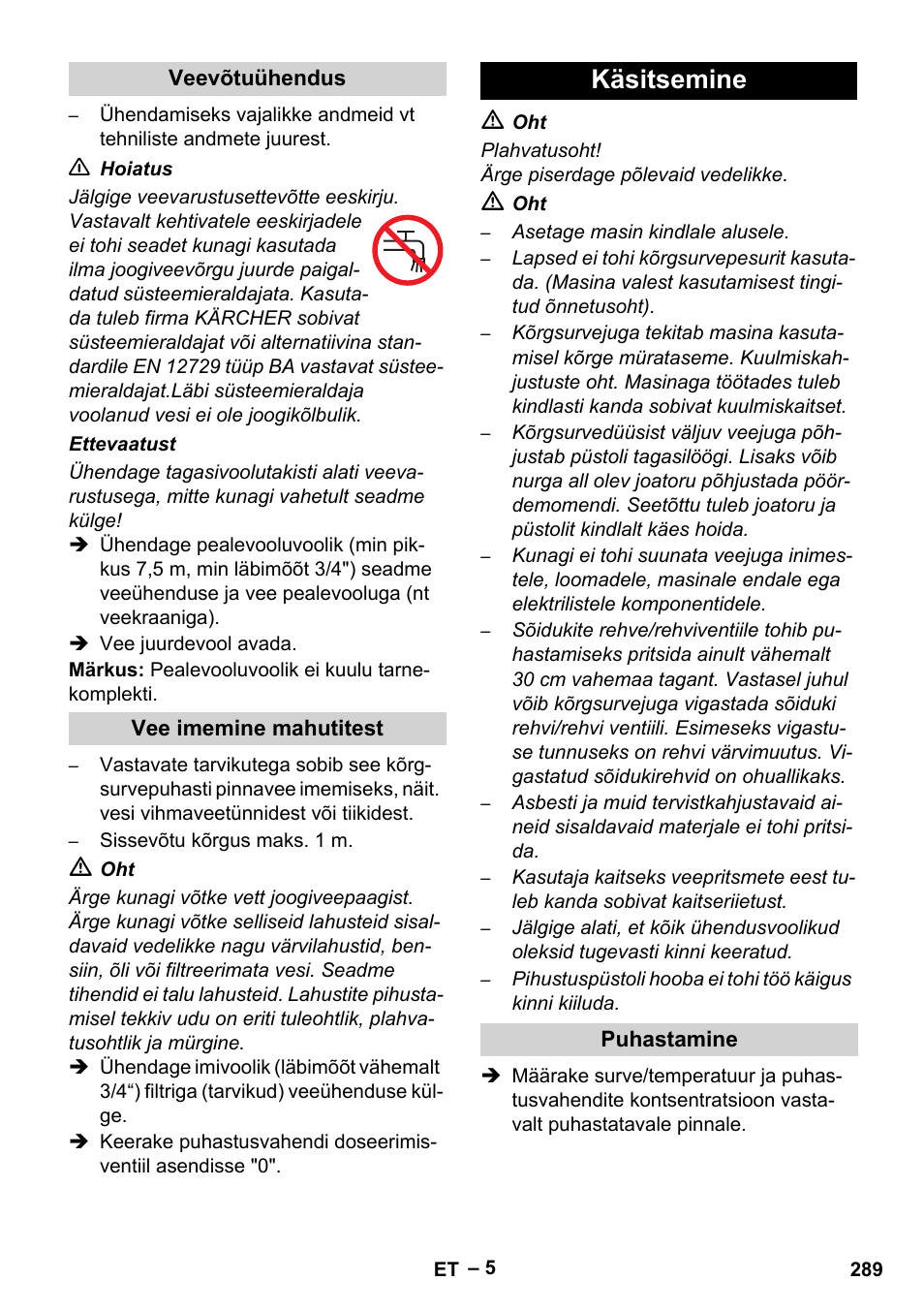 Veevõtuühendus, Vee imemine mahutitest, Käsitsemine | Puhastamine | Karcher HDS 801 D User Manual | Page 289 / 324