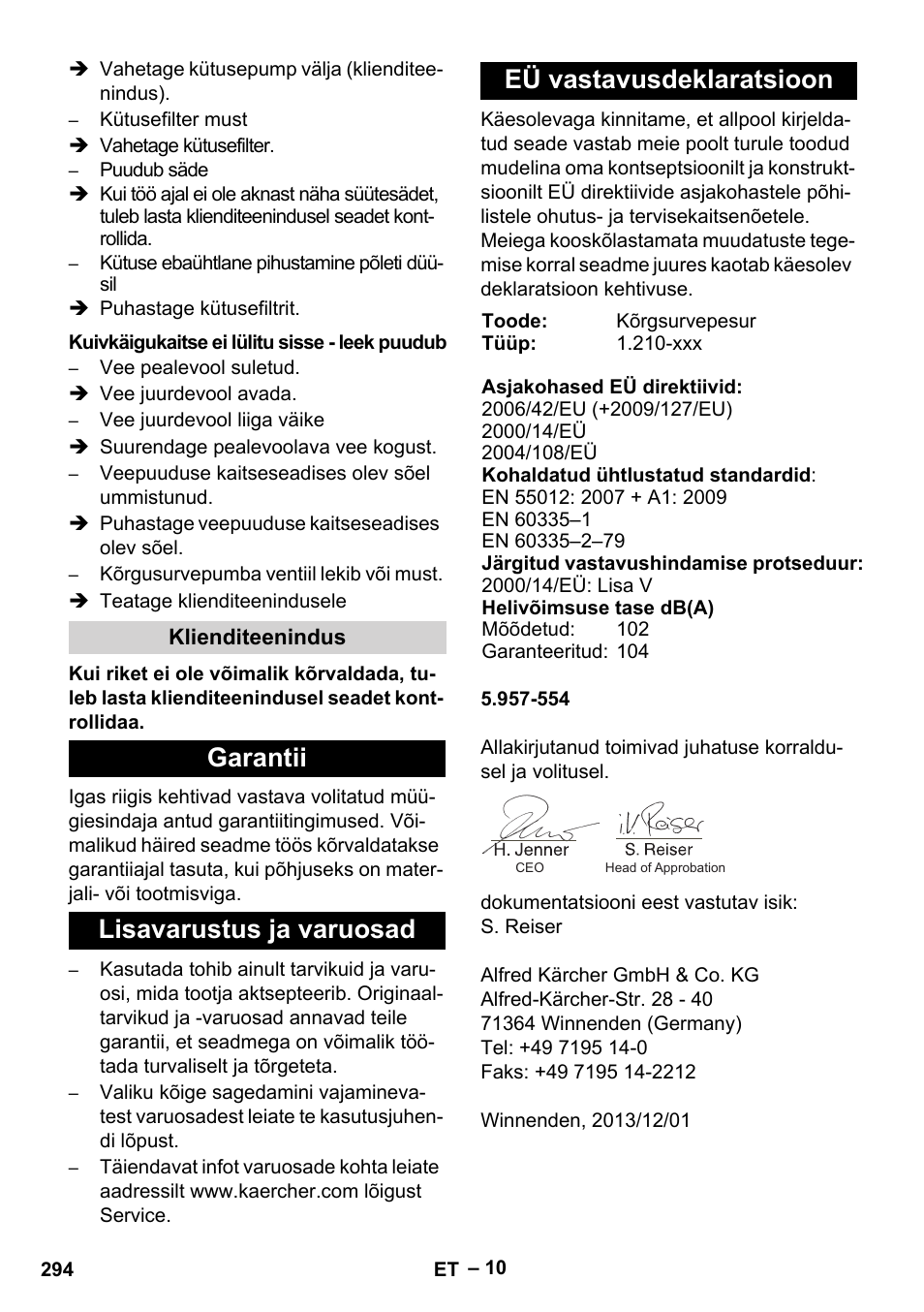 Kuivkäigukaitse ei lülitu sisse - leek puudub, Klienditeenindus, Garantii | Lisavarustus ja varuosad, Eü vastavusdeklaratsioon | Karcher HDS 801 D User Manual | Page 294 / 324