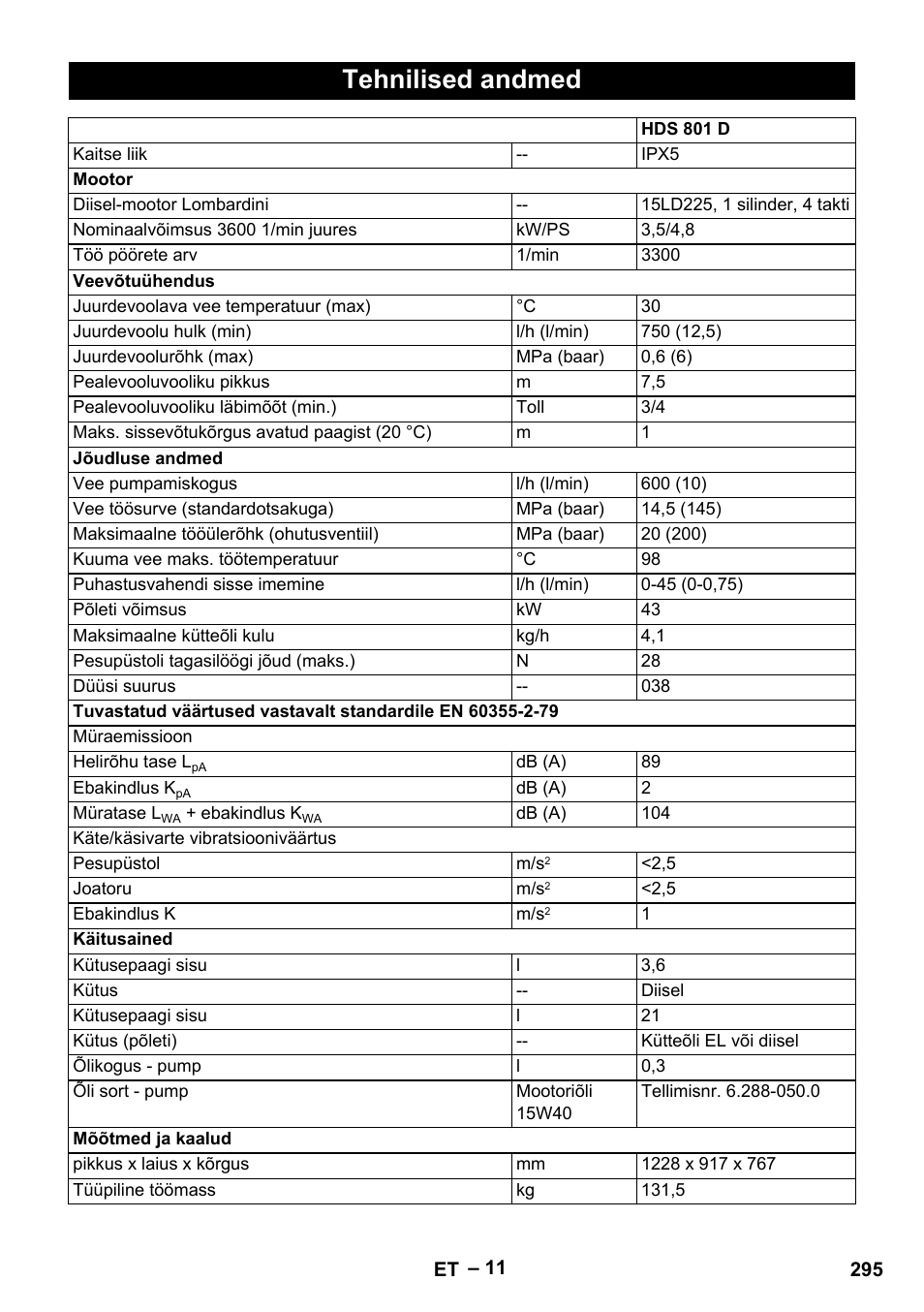 Tehnilised andmed | Karcher HDS 801 D User Manual | Page 295 / 324