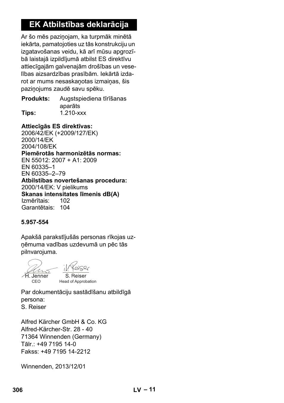 Ek atbilstības deklarācija | Karcher HDS 801 D User Manual | Page 306 / 324