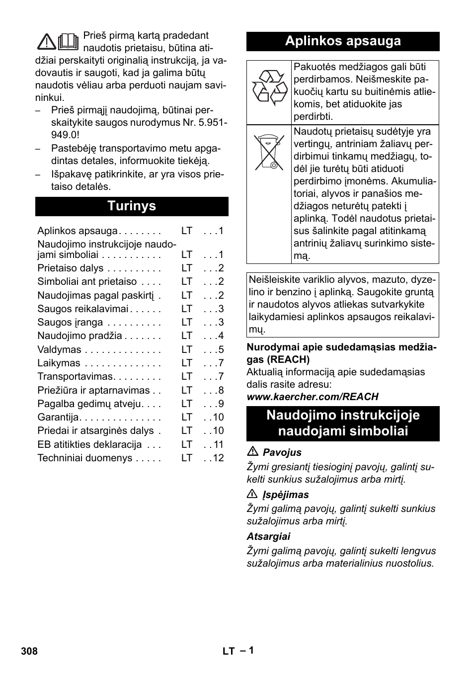 Lietuviškai, Turinys, Aplinkos apsauga | Naudojimo instrukcijoje naudojami simboliai | Karcher HDS 801 D User Manual | Page 308 / 324