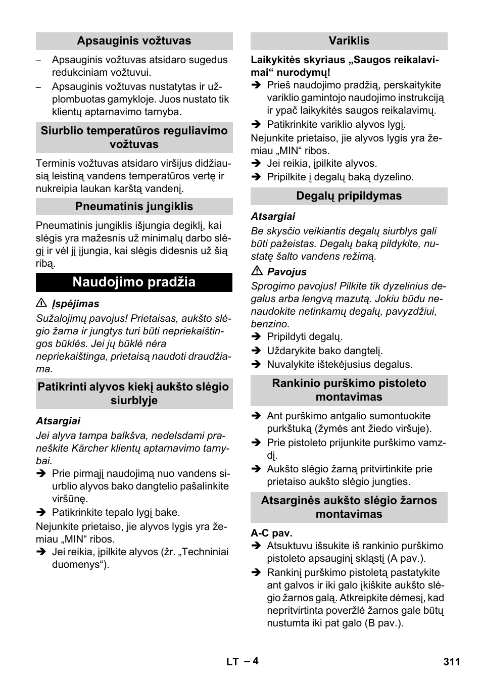 Apsauginis vožtuvas, Siurblio temperatūros reguliavimo vožtuvas, Pneumatinis jungiklis | Naudojimo pradžia, Patikrinti alyvos kiekį aukšto slėgio siurblyje, Variklis, Degalų pripildymas, Rankinio purškimo pistoleto montavimas, Atsarginės aukšto slėgio žarnos montavimas | Karcher HDS 801 D User Manual | Page 311 / 324