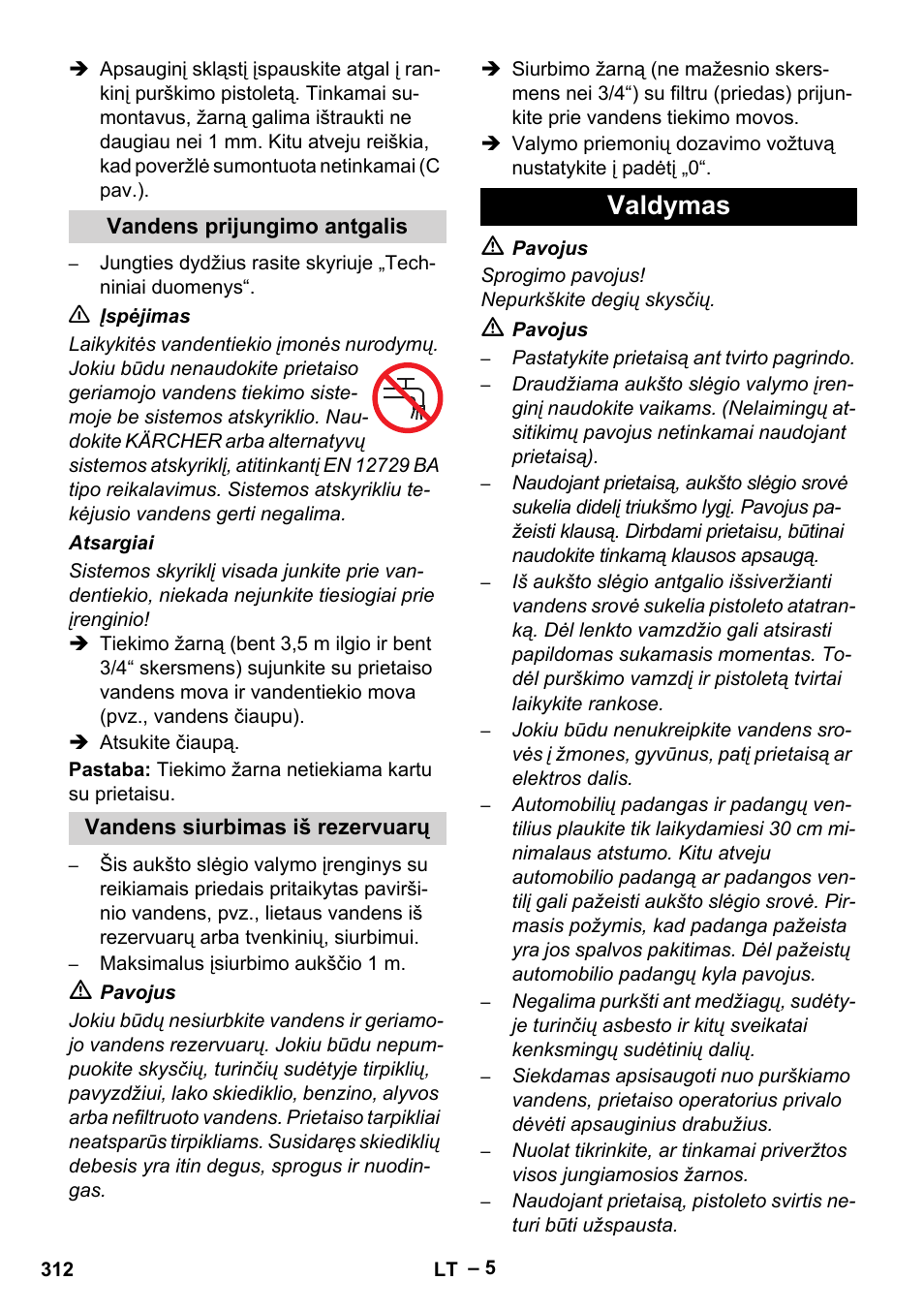 Vandens prijungimo antgalis, Vandens siurbimas iš rezervuarų, Valdymas | Karcher HDS 801 D User Manual | Page 312 / 324