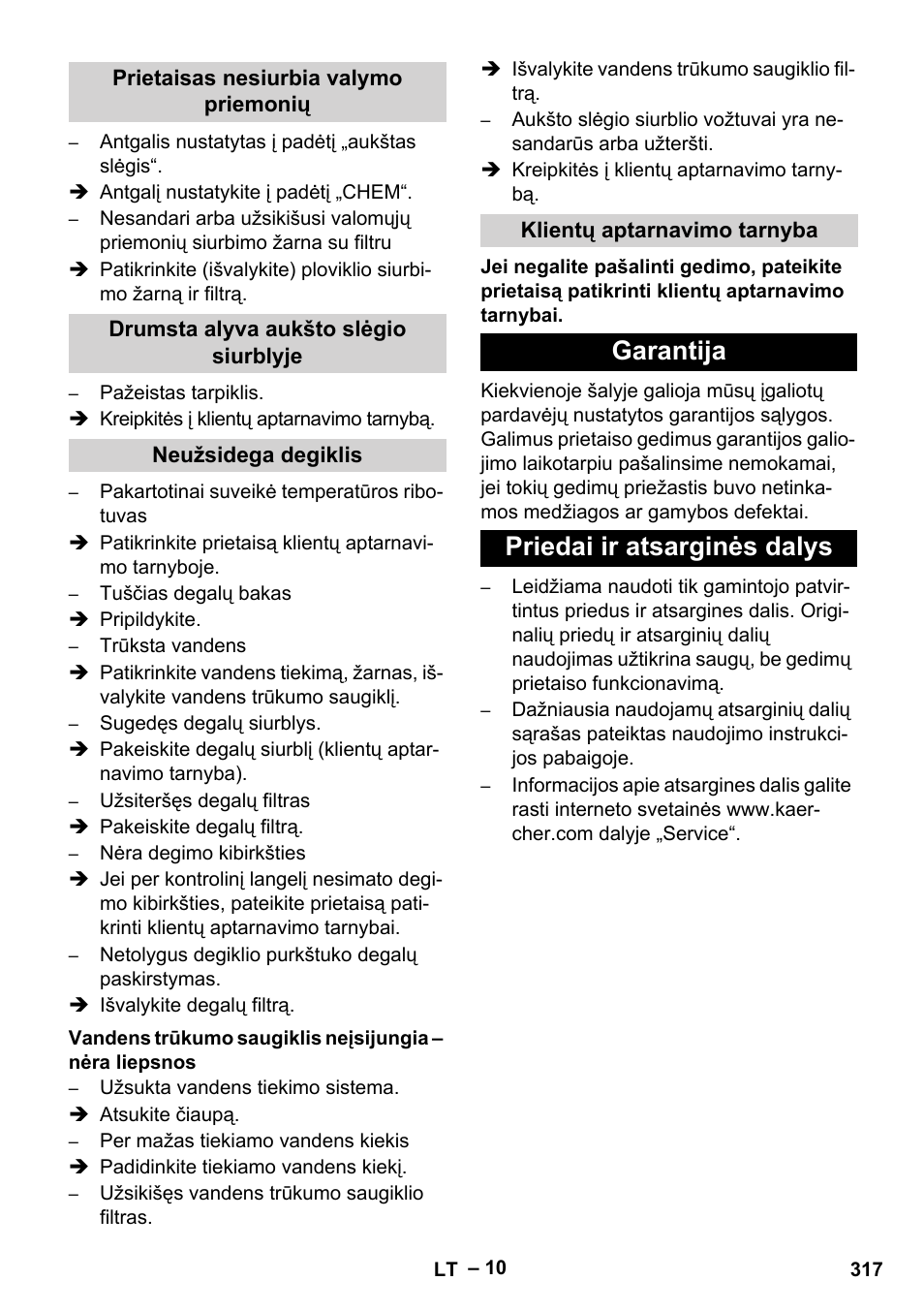 Prietaisas nesiurbia valymo priemonių, Drumsta alyva aukšto slėgio siurblyje, Neužsidega degiklis | Klientų aptarnavimo tarnyba, Garantija, Priedai ir atsarginės dalys, Garantija priedai ir atsarginės dalys | Karcher HDS 801 D User Manual | Page 317 / 324