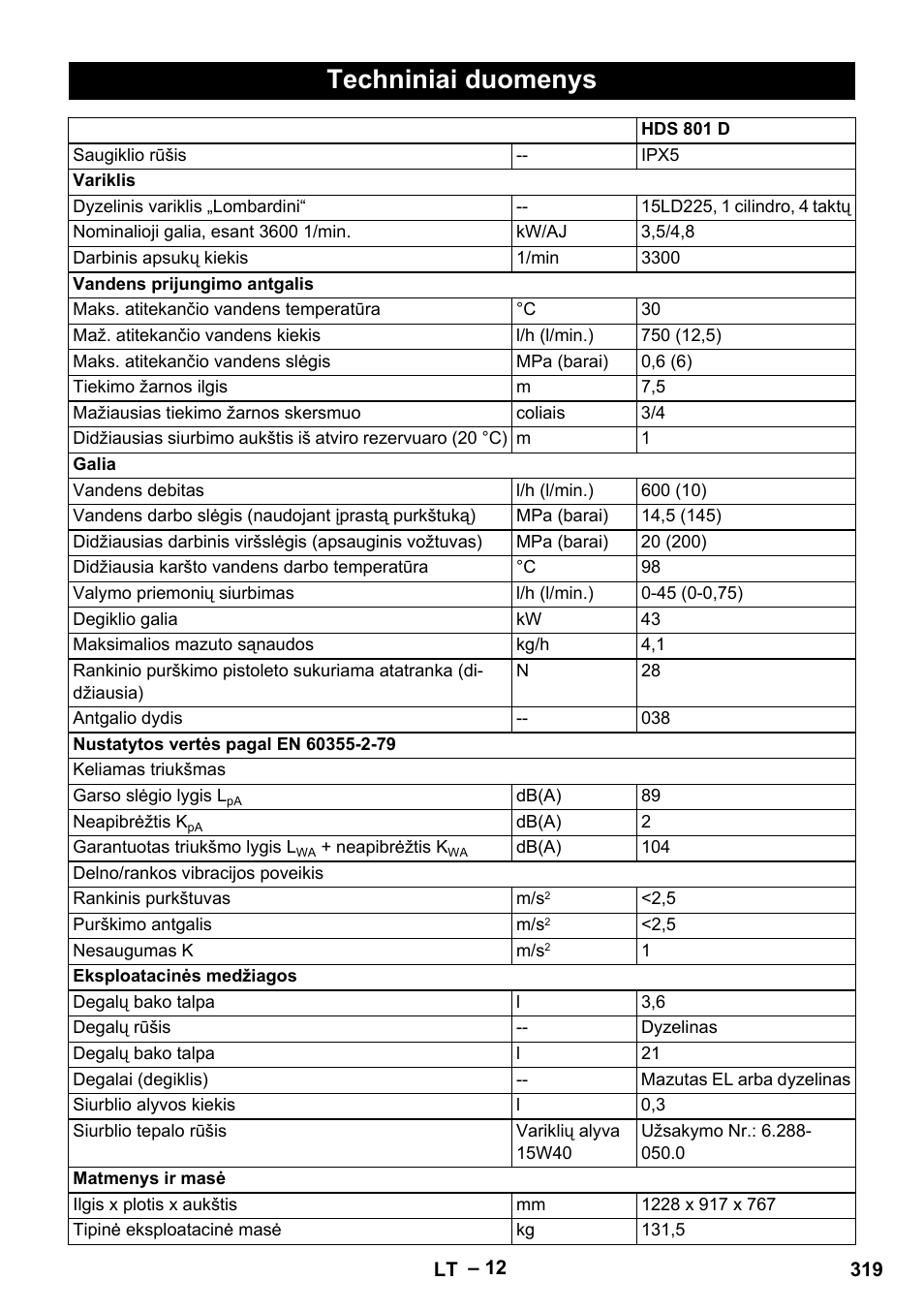 Techniniai duomenys | Karcher HDS 801 D User Manual | Page 319 / 324