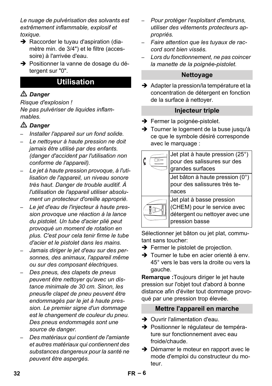 Utilisation, Nettoyage, Injecteur triple | Mettre l'appareil en marche | Karcher HDS 801 D User Manual | Page 32 / 324