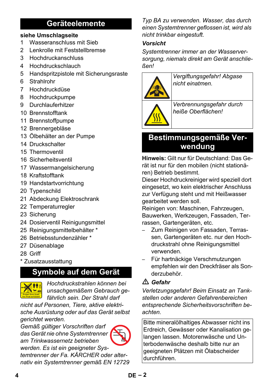 Geräteelemente, Symbole auf dem gerät, Bestimmungsgemäße verwendung | Geräteelemente symbole auf dem gerät, Bestimmungsgemäße ver- wendung | Karcher HDS 801 D User Manual | Page 4 / 324