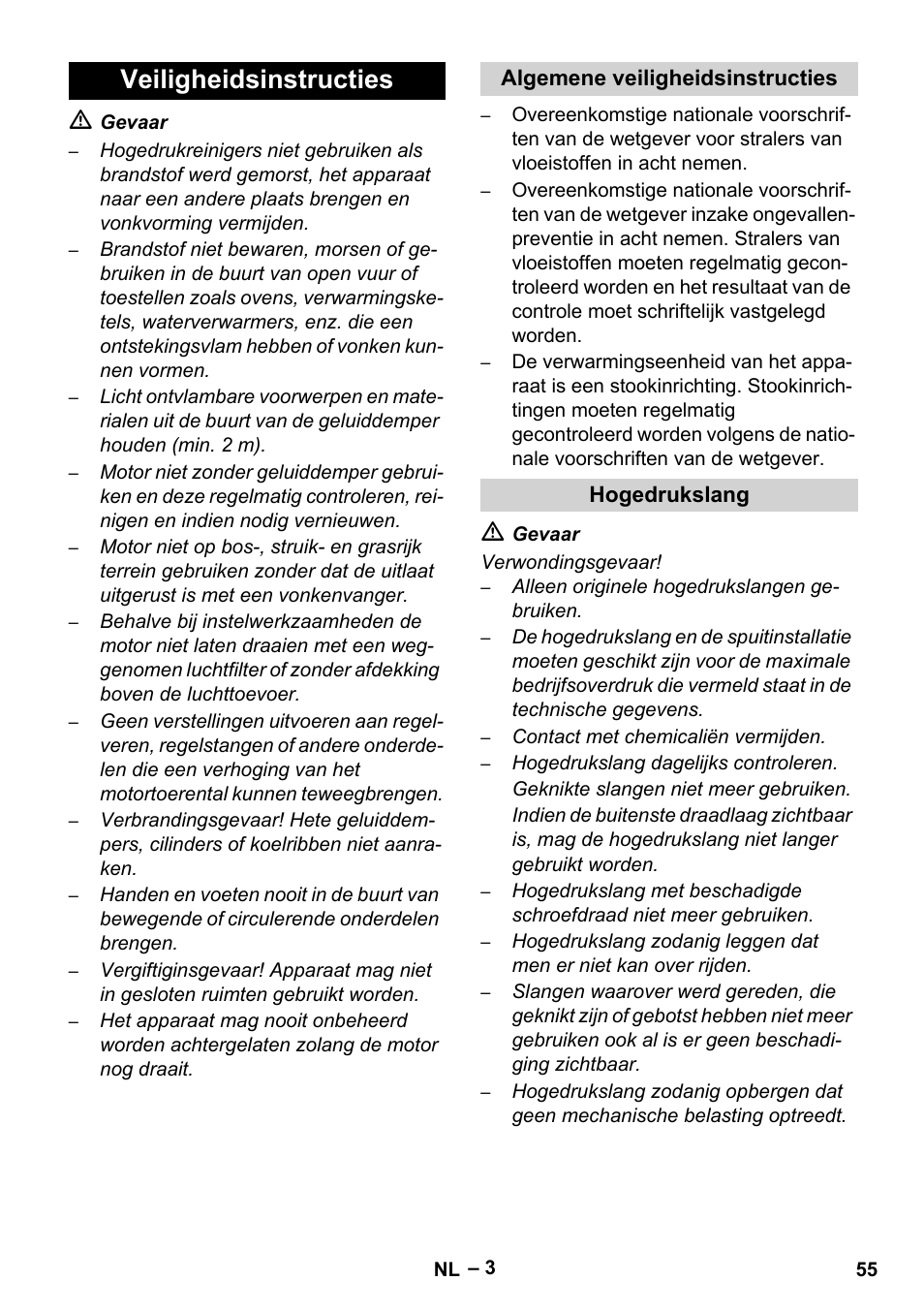 Veiligheidsinstructies, Algemene veiligheidsinstructies, Hogedrukslang | Karcher HDS 801 D User Manual | Page 55 / 324