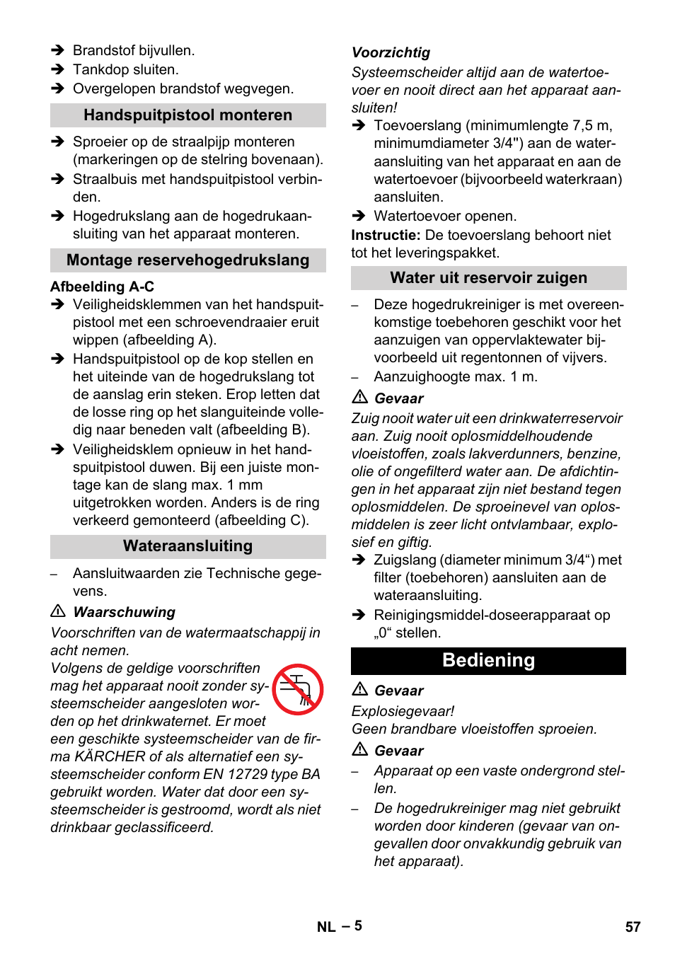 Handspuitpistool monteren, Montage reservehogedrukslang, Wateraansluiting | Water uit reservoir zuigen, Bediening | Karcher HDS 801 D User Manual | Page 57 / 324