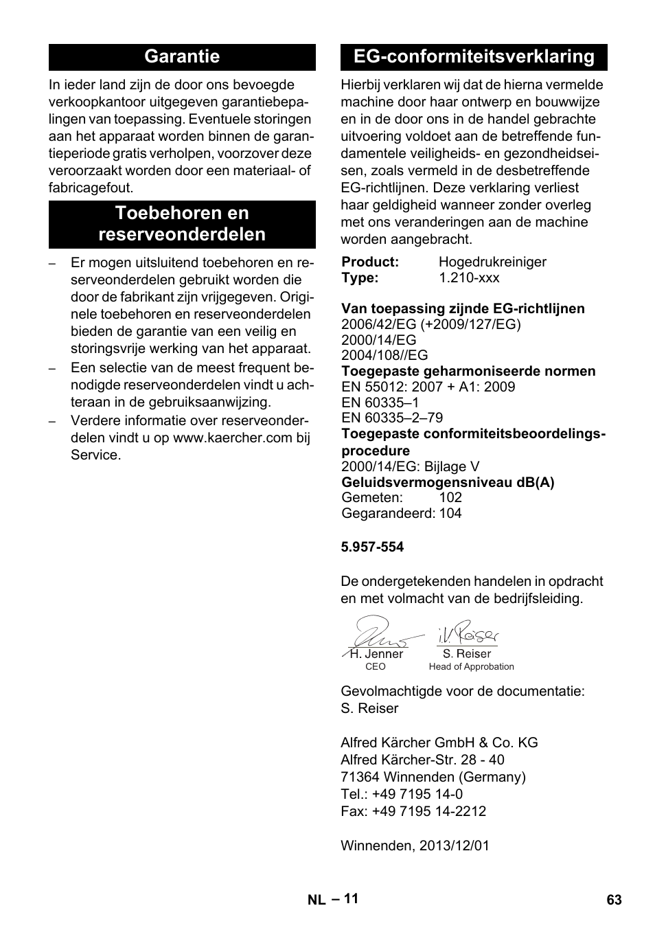 Garantie, Toebehoren en reserveonderdelen, Eg-conformiteitsverklaring | Karcher HDS 801 D User Manual | Page 63 / 324