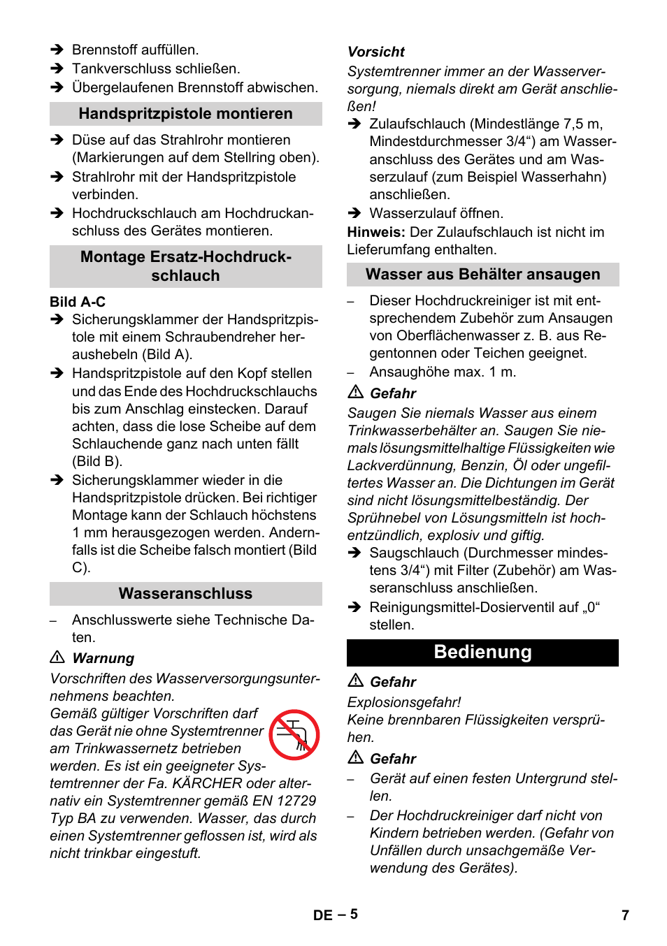 Handspritzpistole montieren, Montage ersatz-hochdruckschlauch, Wasseranschluss | Wasser aus behälter ansaugen, Bedienung | Karcher HDS 801 D User Manual | Page 7 / 324