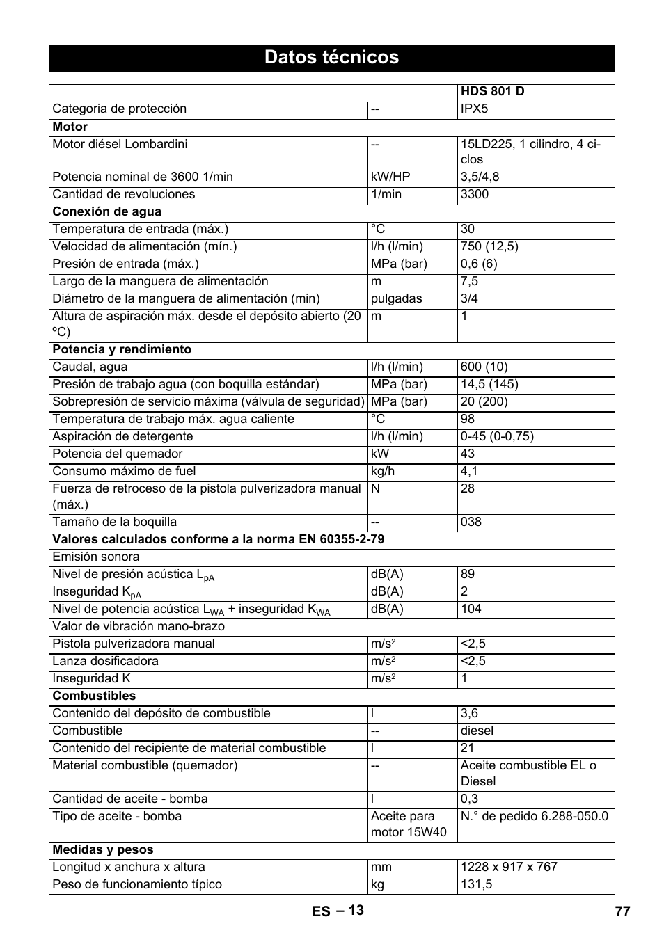 Datos técnicos | Karcher HDS 801 D User Manual | Page 77 / 324