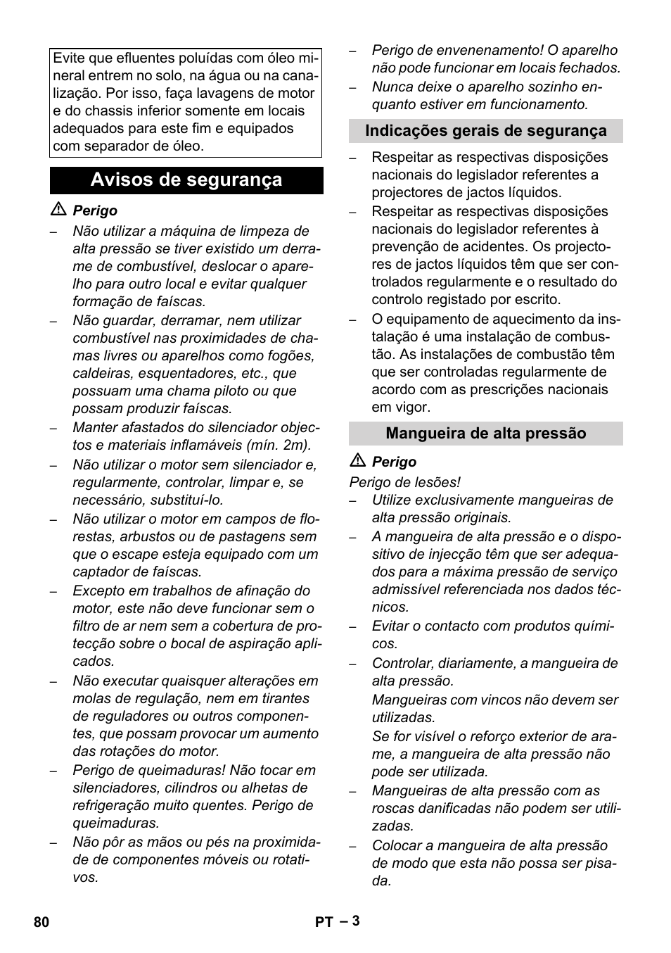 Avisos de segurança, Indicações gerais de segurança, Mangueira de alta pressão | Karcher HDS 801 D User Manual | Page 80 / 324