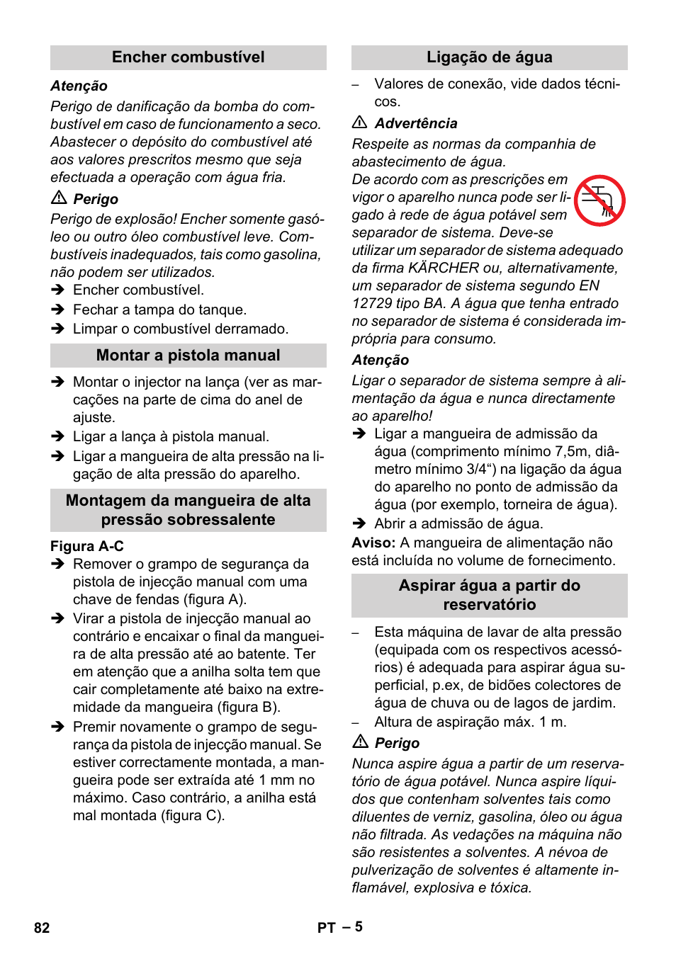 Encher combustível, Montar a pistola manual, Ligação de água | Aspirar água a partir do reservatório | Karcher HDS 801 D User Manual | Page 82 / 324