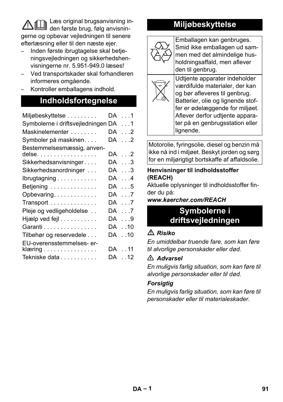 Dansk, Indholdsfortegnelse, Miljøbeskyttelse | Symbolerne i driftsvejledningen | Karcher HDS 801 D User Manual | Page 91 / 324