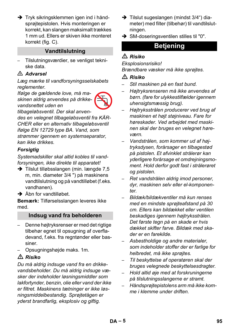 Vandtilslutning, Indsug vand fra beholderen, Betjening | Karcher HDS 801 D User Manual | Page 95 / 324