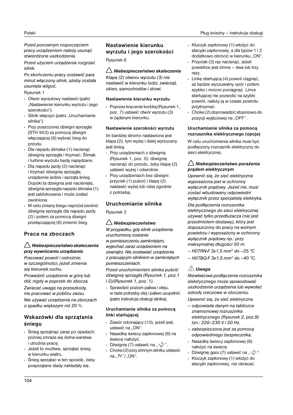 Praca na zboczach, Wskazówki dla sprz¹tania œniegu, Nastawienie kierunku wyrzutu i jego szerokoœci | Uruchomianie silnika | Karcher STH 8-66 User Manual | Page 104 / 149