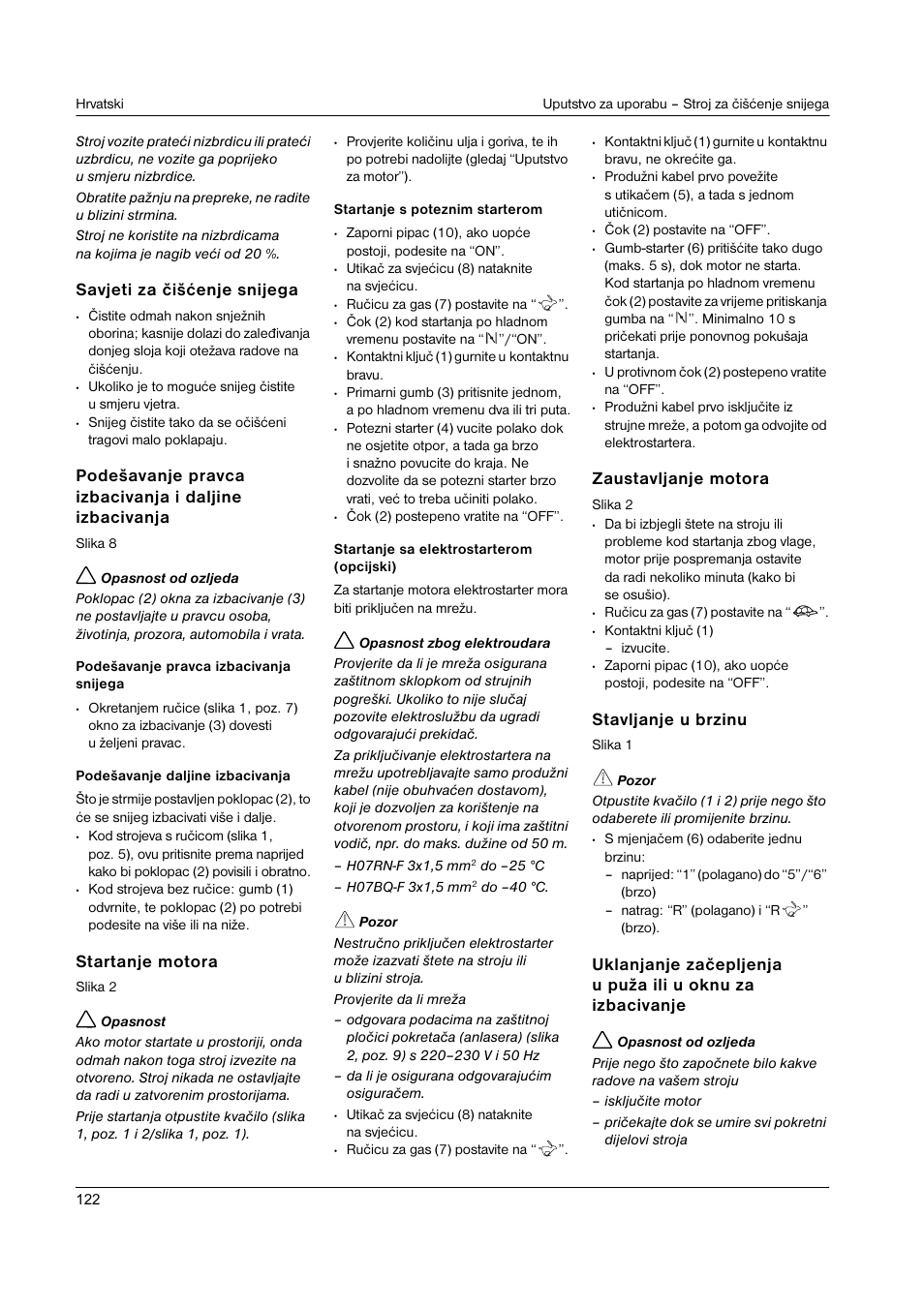 Savjeti za ¿iš½enje snijega, Startanje motora, Zaustavljanje motora | Stavljanje u brzinu | Karcher STH 8-66 User Manual | Page 122 / 149