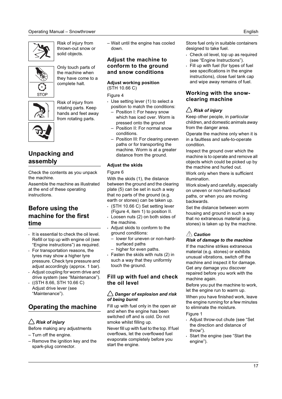 Unpacking and assembly, Before using the machine for the first time, Operating the machine | Karcher STH 8-66 User Manual | Page 17 / 149