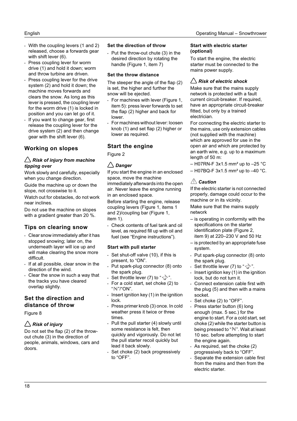 Working on slopes, Tips on clearing snow, Set the direction and distance of throw | Start the engine | Karcher STH 8-66 User Manual | Page 18 / 149