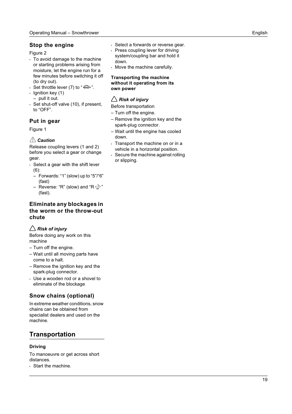 Transportation, Stop the engine, Put in gear | Snow chains (optional) | Karcher STH 8-66 User Manual | Page 19 / 149