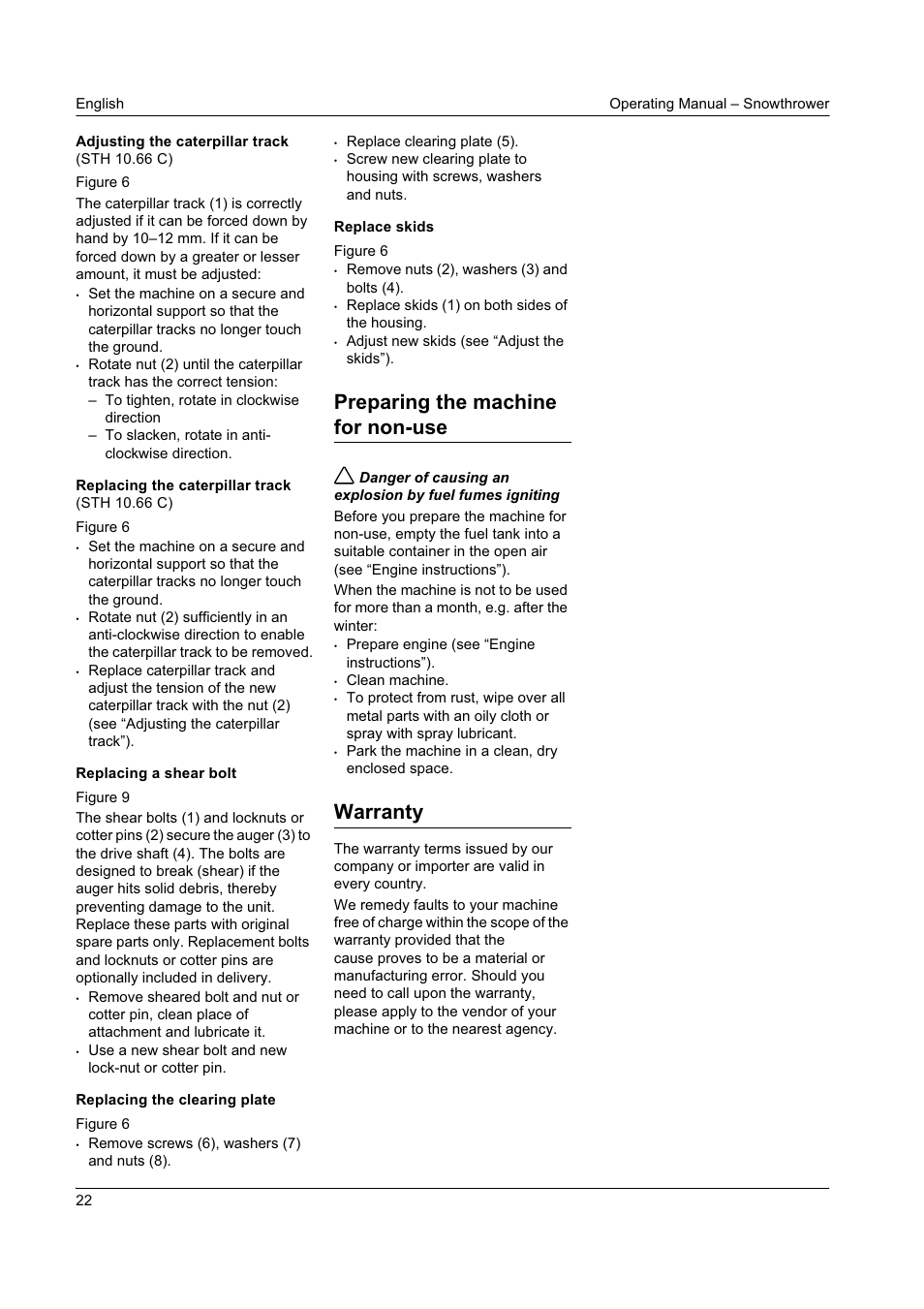 Preparing the machine for non-use, Warranty | Karcher STH 8-66 User Manual | Page 22 / 149