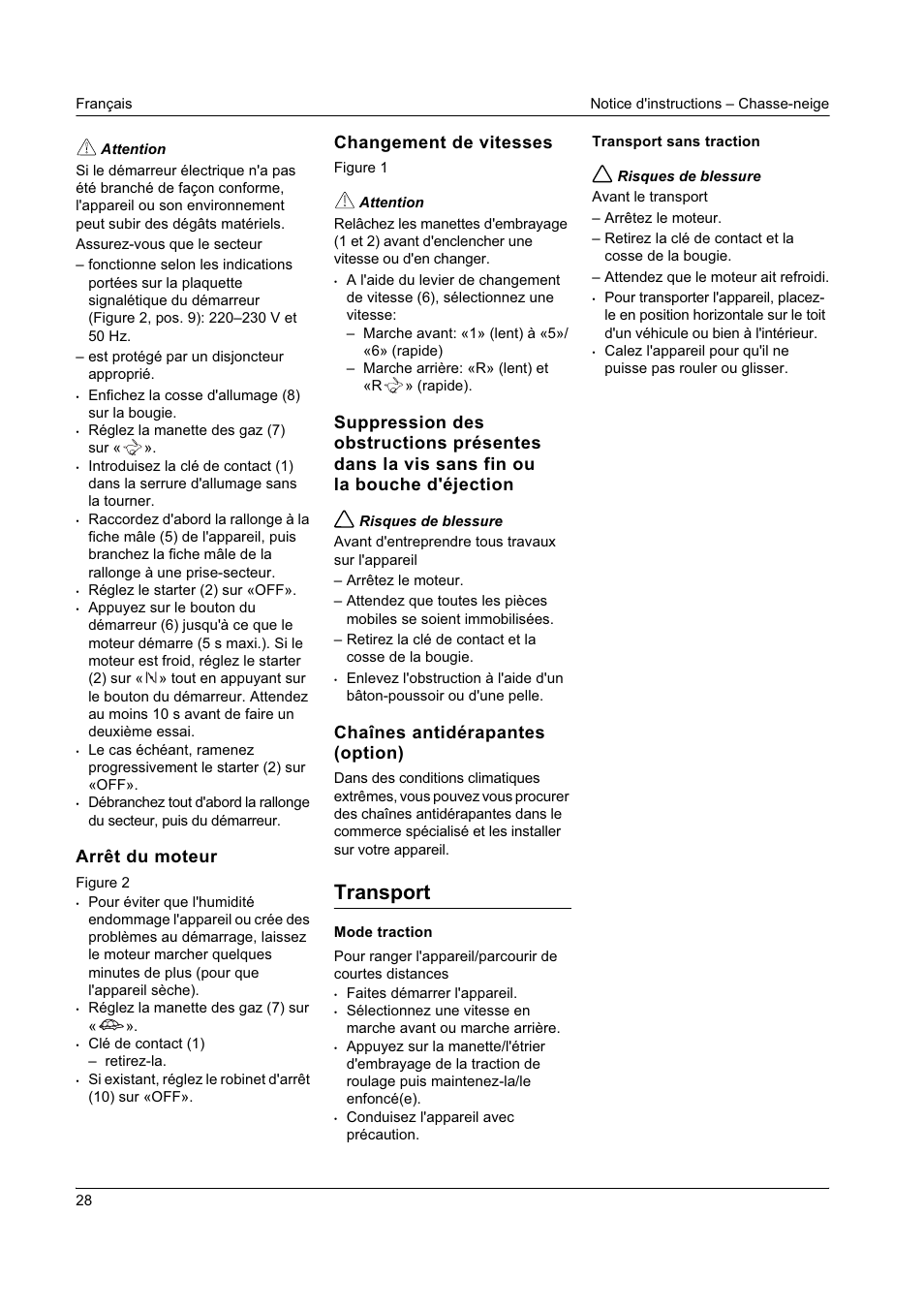 Transport, Arrêt du moteur, Changement de vitesses | Chaînes antidérapantes (option) | Karcher STH 8-66 User Manual | Page 28 / 149